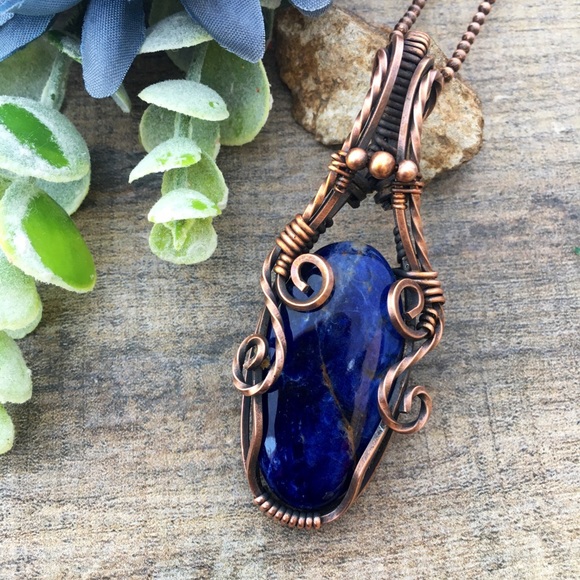 Sodalite copper wire wrapped pendant necklace - Picture 3 of 5